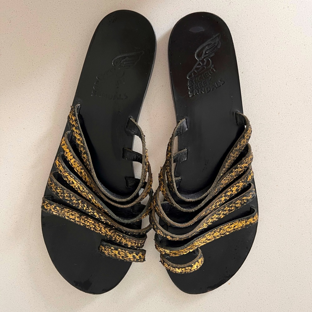 Ancient Greek Sandals black leather with gold lamée